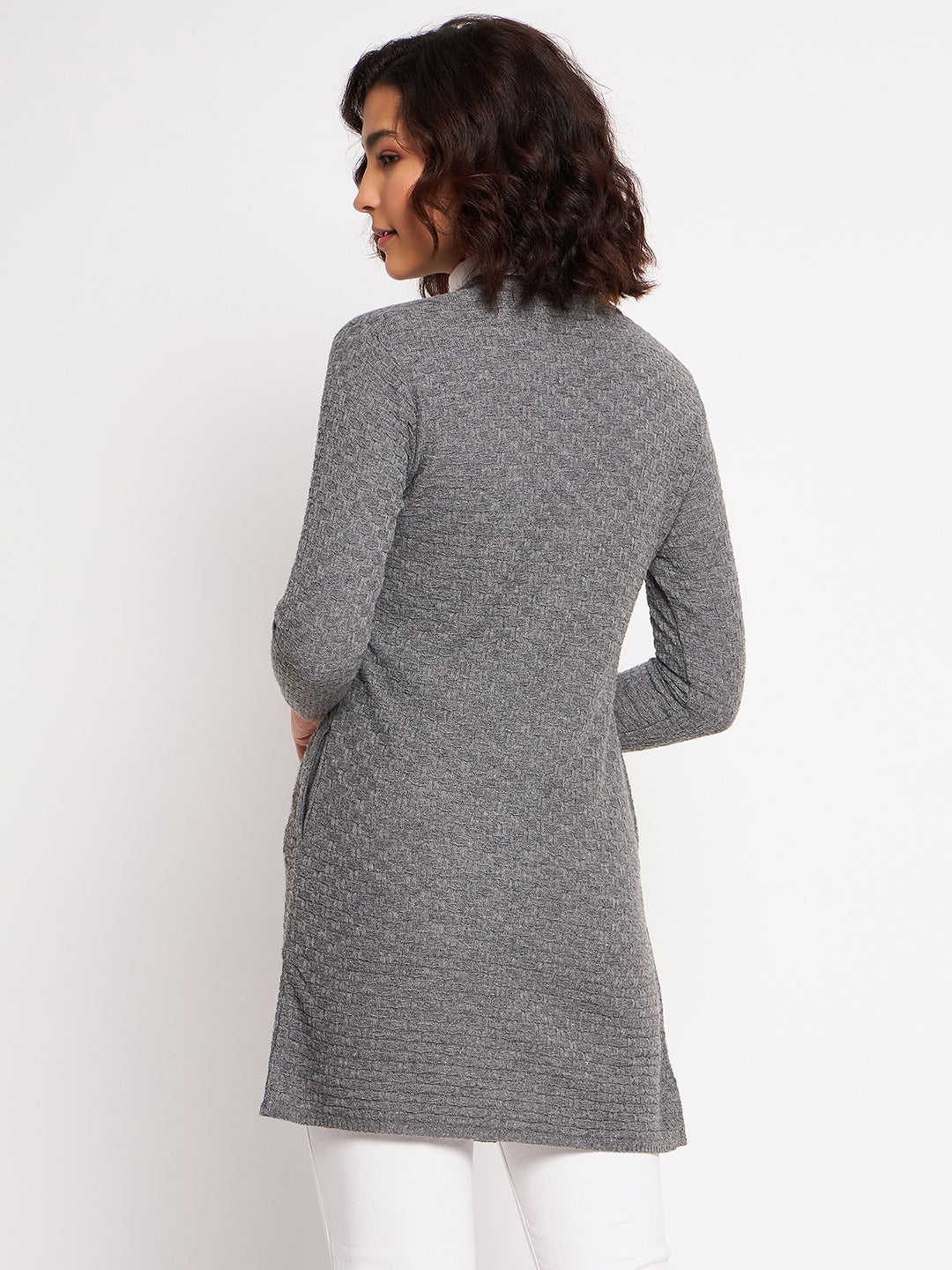Wool Blend Round Neck Grey Long Shrug