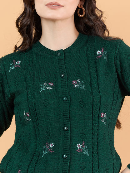 Clapton Floral Embroidered Full  Sleeve Cardigan Sweaters for Women Girls Green