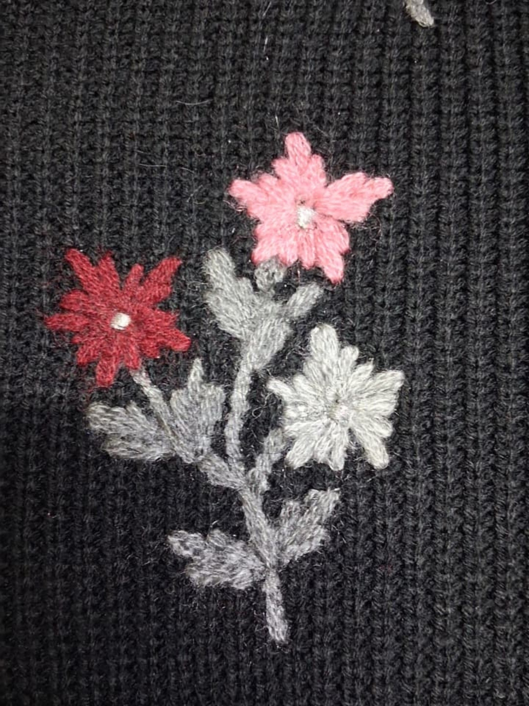 Women'S Black Knit Cardigan With Floral Embroidery, Button-Front, Round Neck, Full Sleeves Black