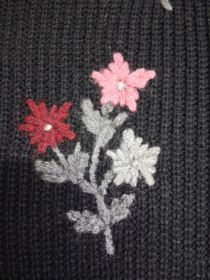 Women'S Black Knit Cardigan With Floral Embroidery, Button-Front, Round Neck, Full Sleeves Black
