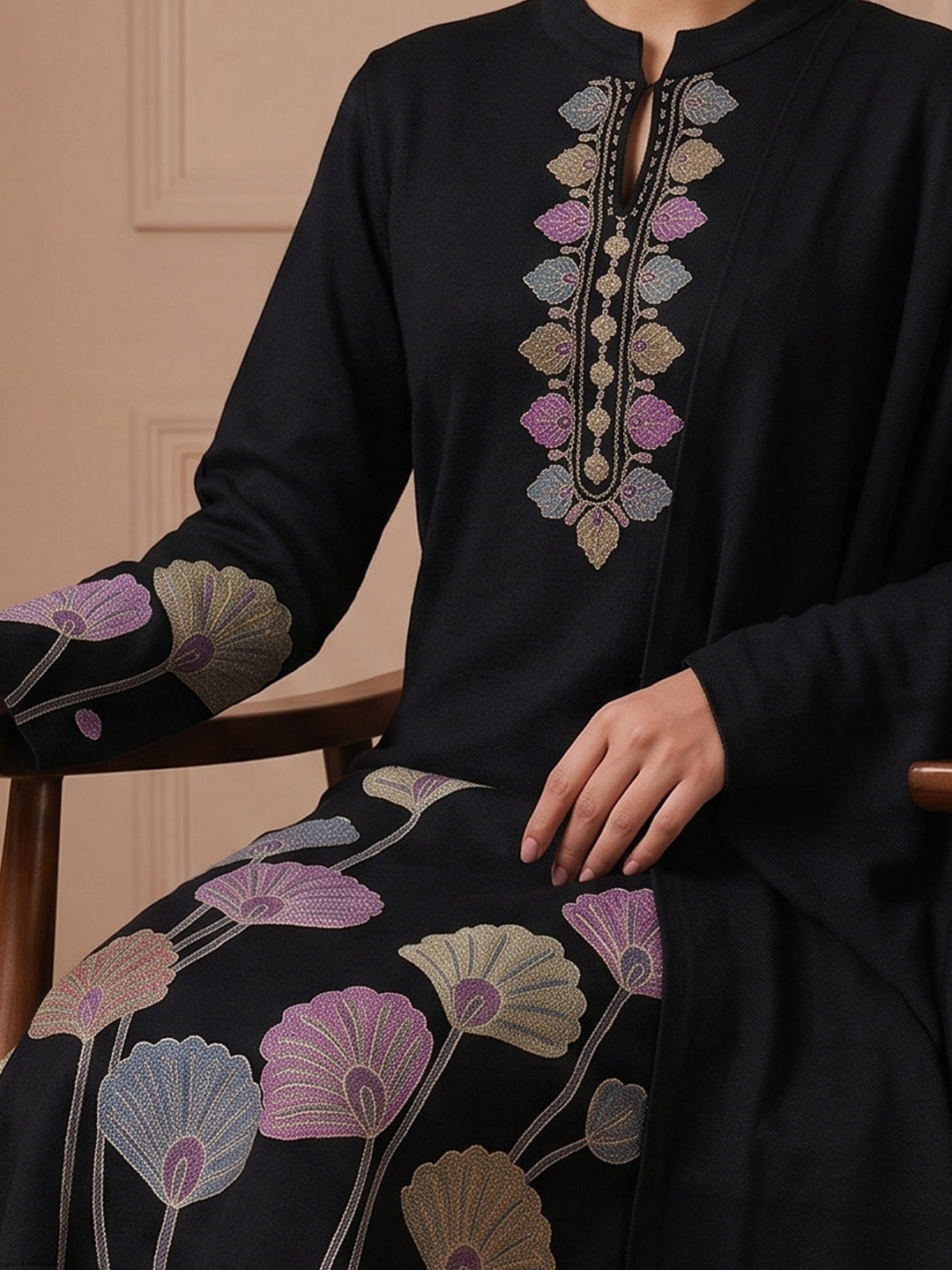 Woolen Embroidered  winter wear Kurti & Pant and Dupatta Set Black