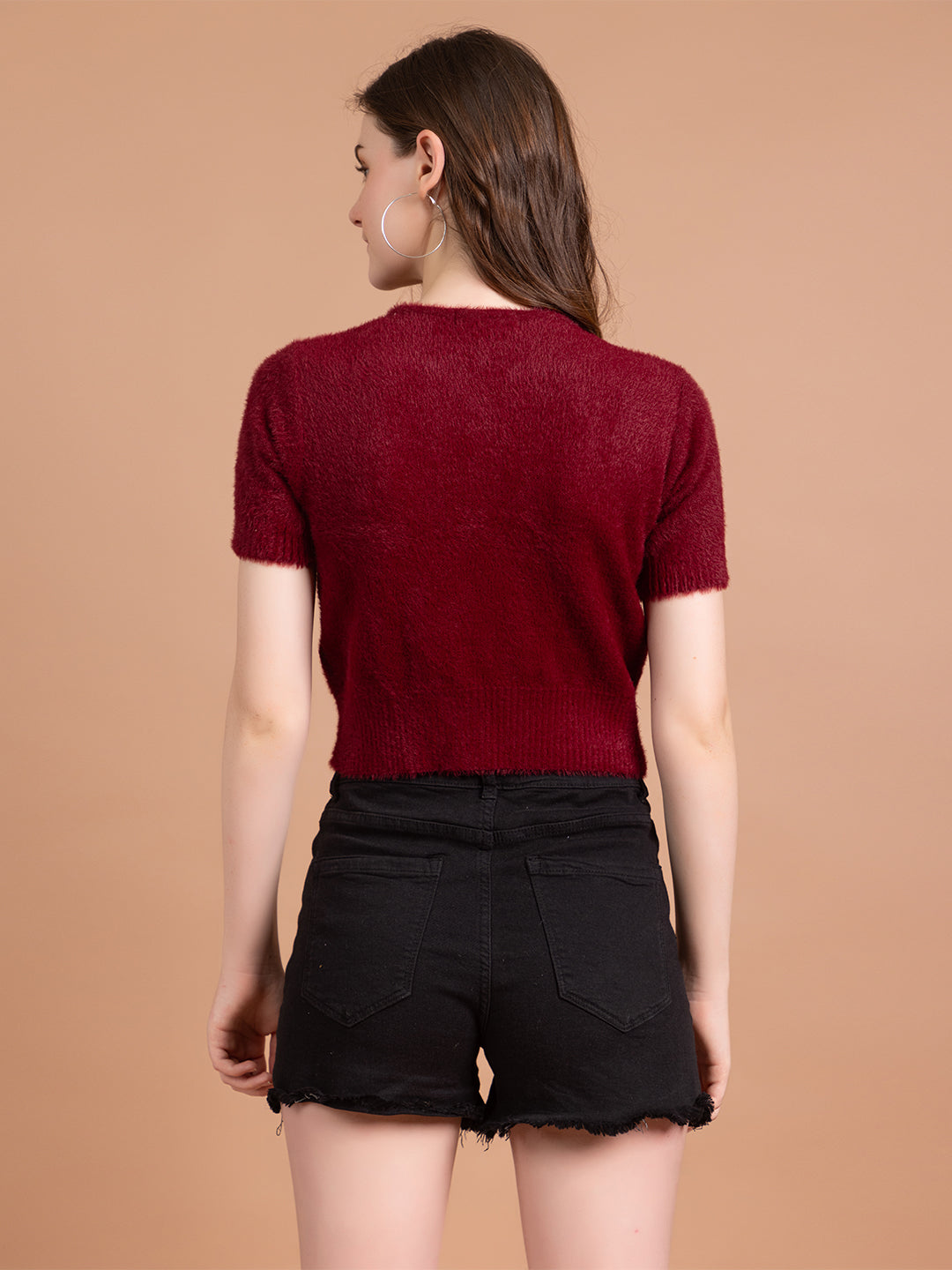 Clapton  Short-Sleeve Fuzzy Knit Crop Top Pullover Blouse Top for Women Girls Maroon