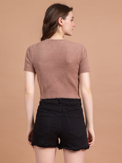 Clapton  Short-Sleeve Fuzzy Knit Crop Top Pullover Blouse Top for Women Girls Pink