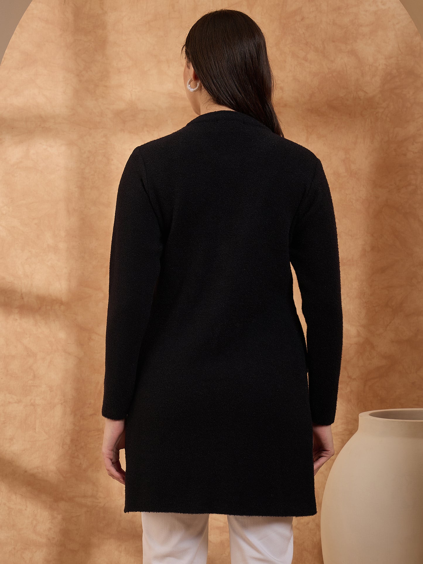 Women’s Longline Full-Sleeve Button-Front Cardigan Black