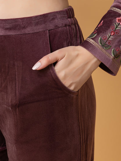 Velvet Embroidered Winter Wear Embroidered Straight Kurta Pant With Dupatta Set Purple
