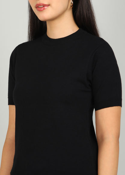 Women Solid Color Round Neck Half Sleeve Viscose T-Shirt Black