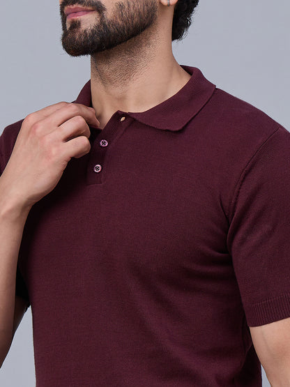 Men's Maroon Knitted Polo T-shirt