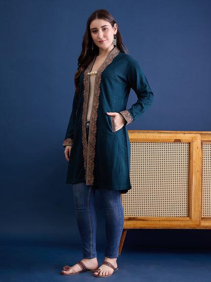 clapton Harbor-Blue Plain Pure Wool Long Jacket from Kashmir with Paisley Aari Embroidery on Border