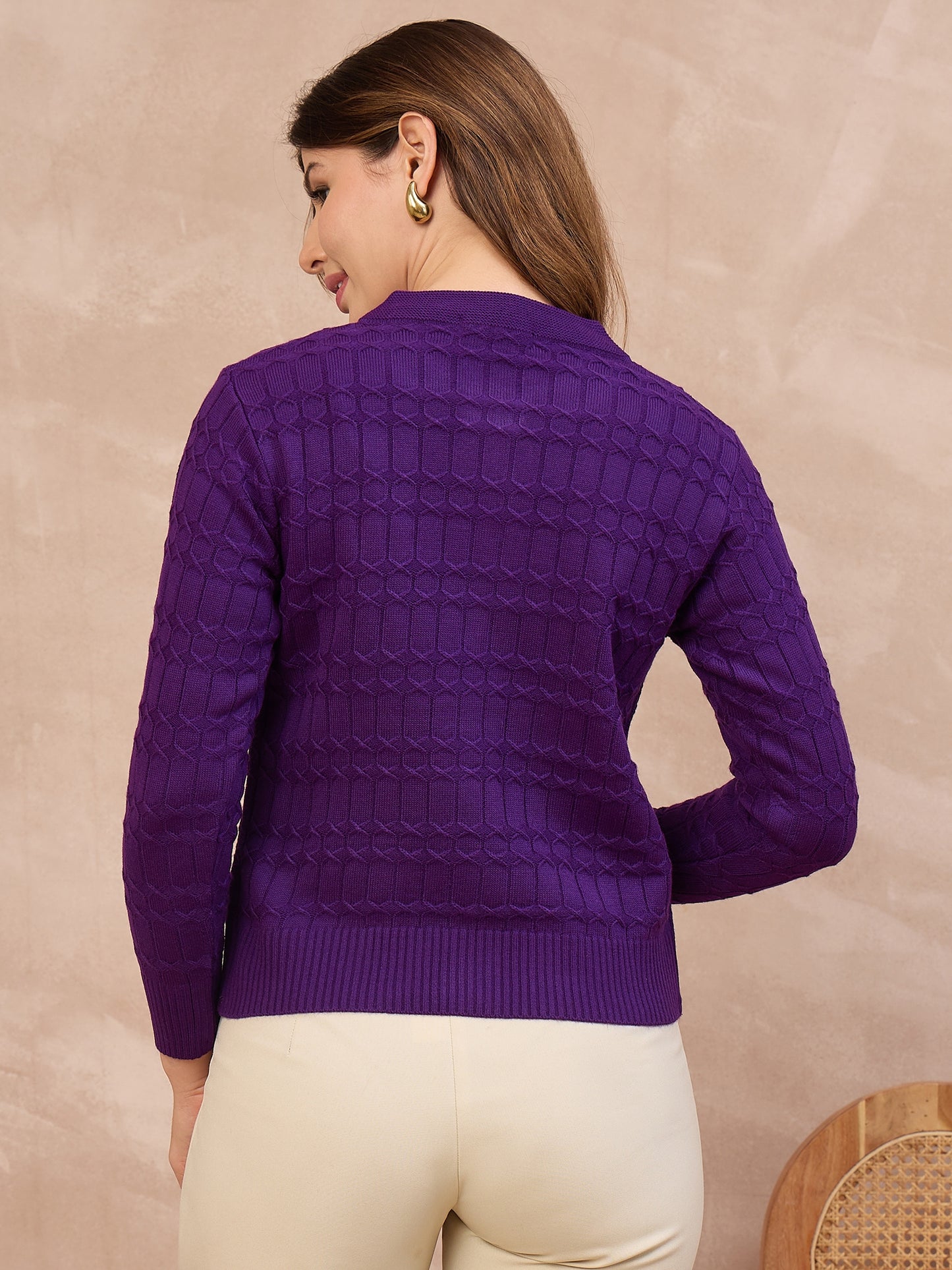 Floral Embroidered Honeycomb Cable-Knit Cardigan Purple