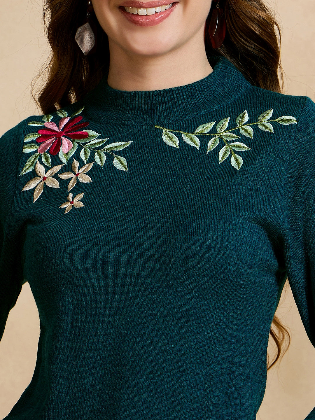 Floral Embroidered Array work Pullover Sweater for women Mint Green