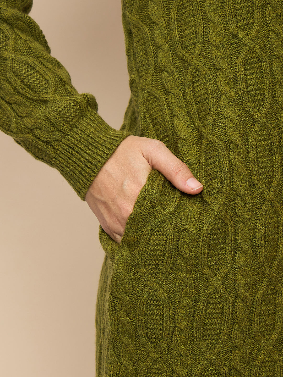 Clapton High Neck Cable Knitted Woolen Dress Green