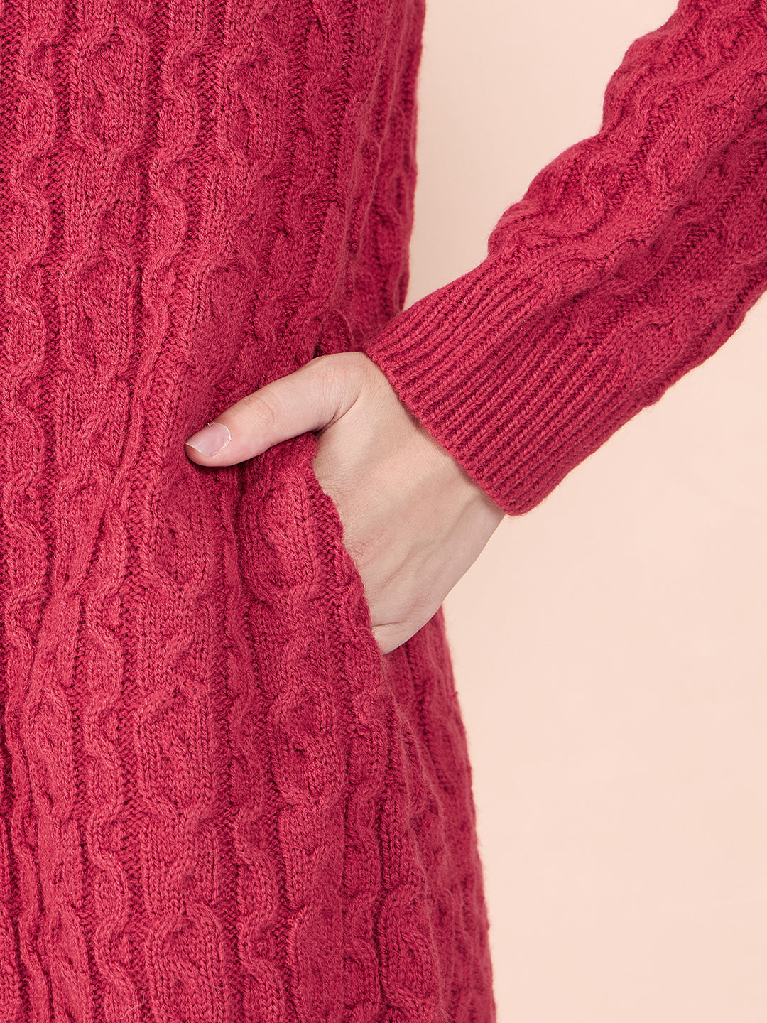 Clapton High Neck Cable Knitted Woolen Dress Rust