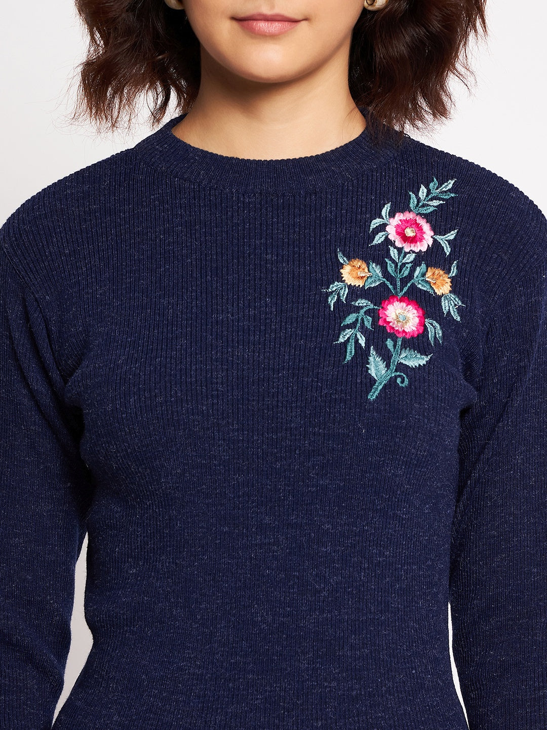 Wool Blend Round Neck Navy Top With Embroidery
