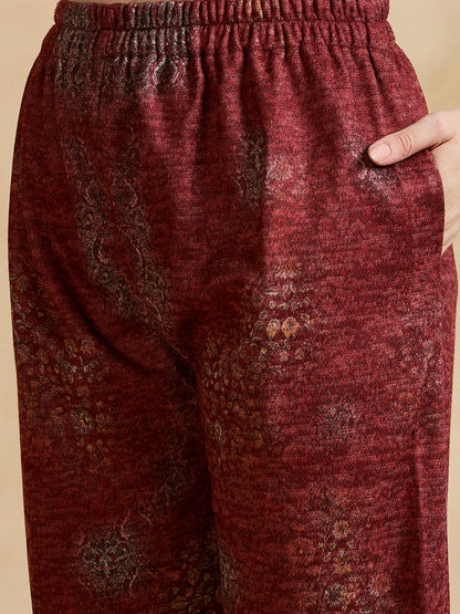 Clapton Printed Work Straight Kurta Pant With Dupatta Set Maroon