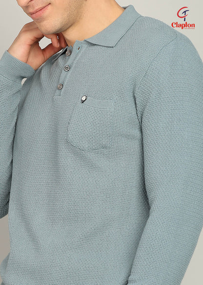 Clapton Men Knitted  Cotton Summer Wear Round Neck Full Sleeve T-Shirt SKY Blue
