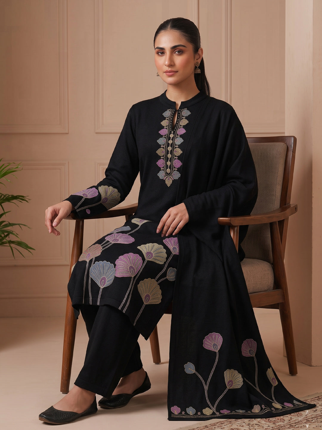 Woolen Embroidered  winter wear Kurti & Pant and Dupatta Set Black