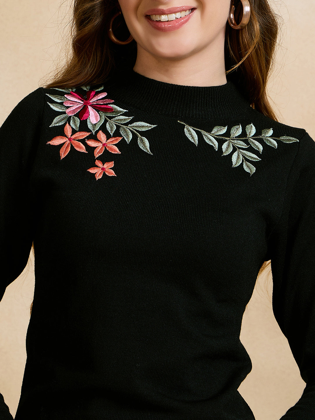 Floral Embroidered Array work Pullover Sweater for women Black