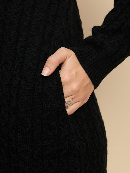Clapton High Neck Cable Knitted Woolen Dress Black