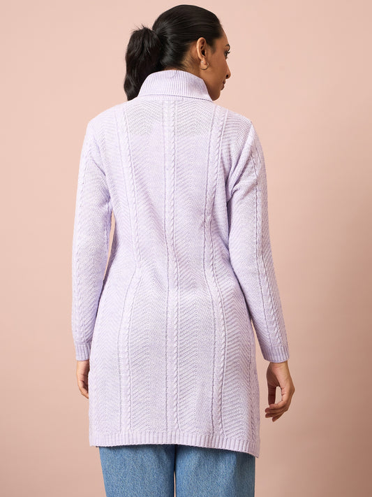 Clapton Cable Knitted  Wool Winter Wear Women’S Long Cardigan Purple