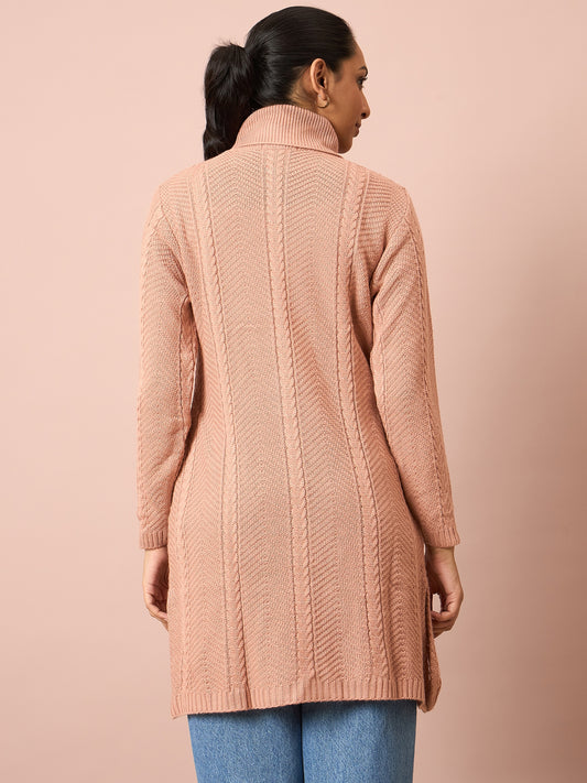 Clapton Cable Knitted  Wool Winter Wear Women’S Long Cardigan Peach