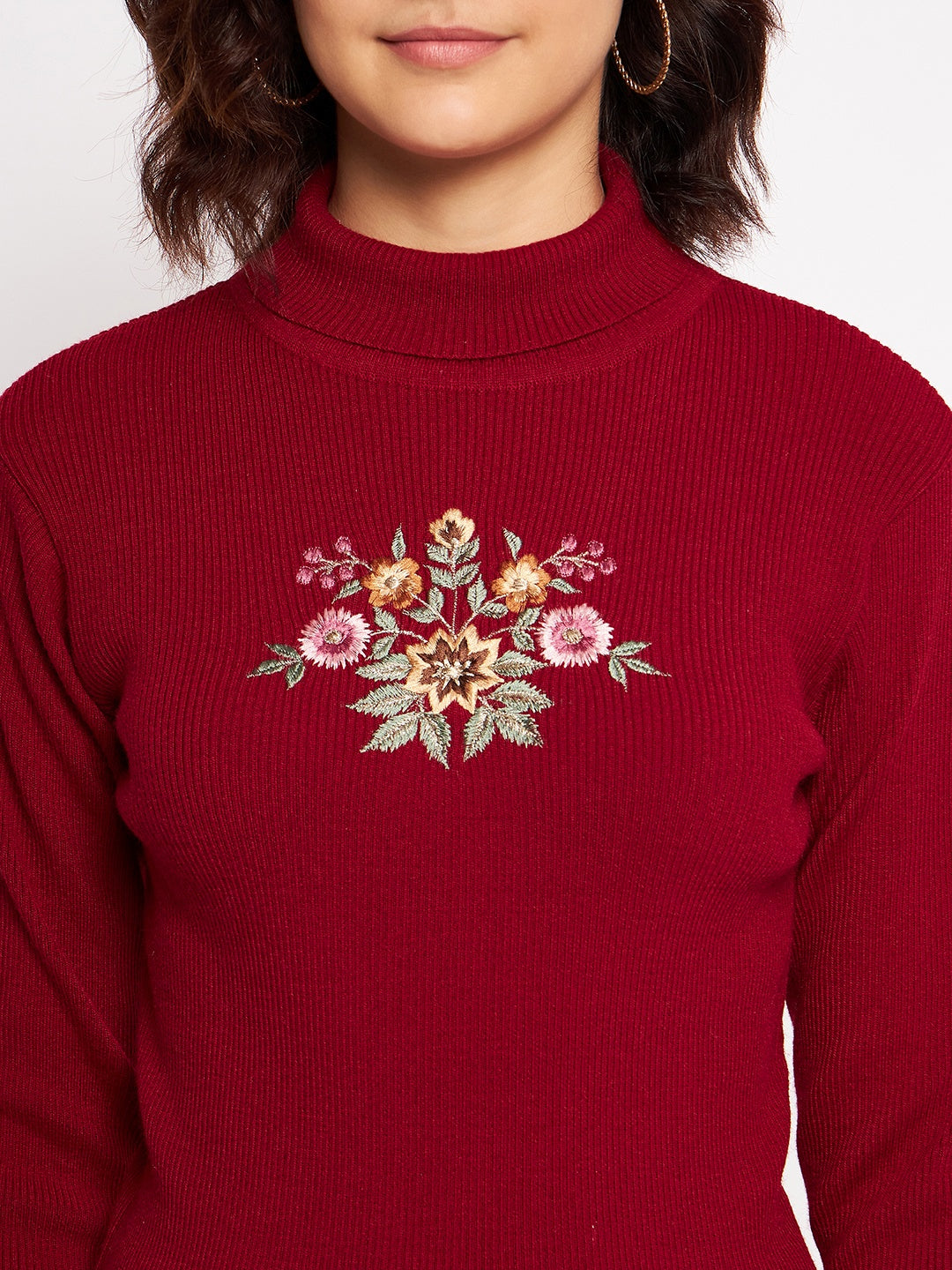 Wool Blend High Neck Mehroon Top With Embroidery