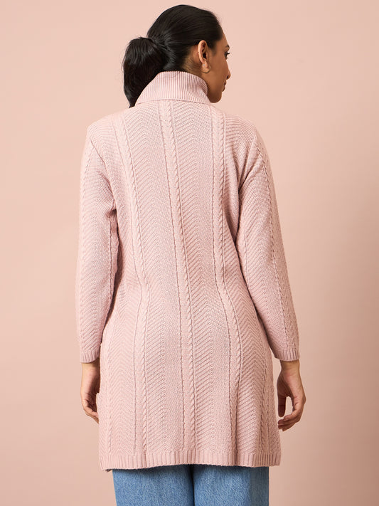 Clapton Cable Knitted  Wool Winter Wear Women’S Long Cardigan Pink