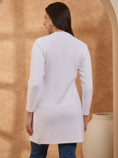 Women’s Longline Full-Sleeve Button-Front Cardigan White
