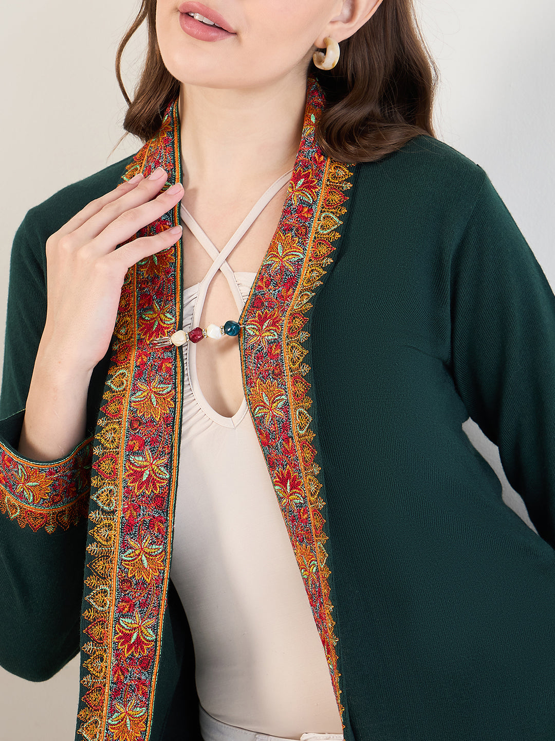 Women's Green Embroidered Sleeves, Floral Pattern, Winter Wear, Open Neck Shrug