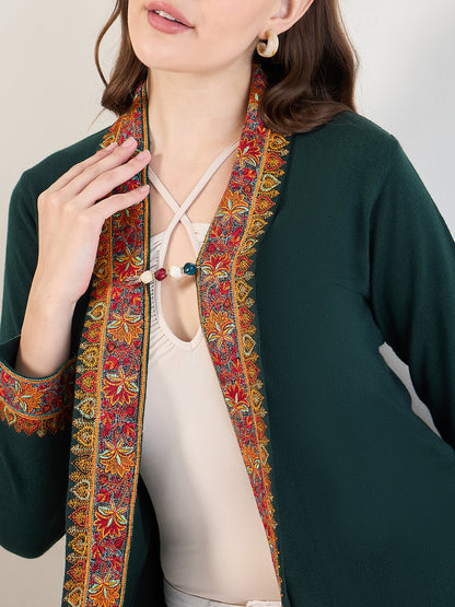 Women's Green Embroidered Sleeves, Floral Pattern, Winter Wear, Open Neck Shrug