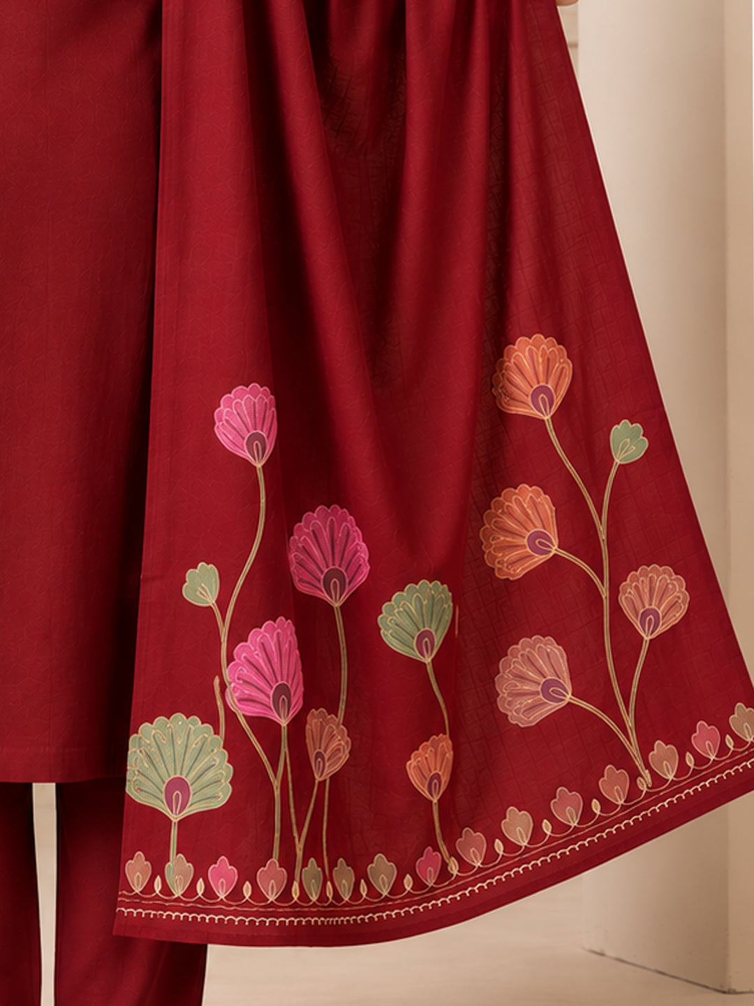 Woolen Embroidered  winter wear Kurti & Pant and Dupatta Set Maroon
