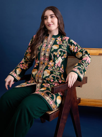 Women’S Embroidered Woolen Kurta With Straight-Fit Pants Co-Set Green