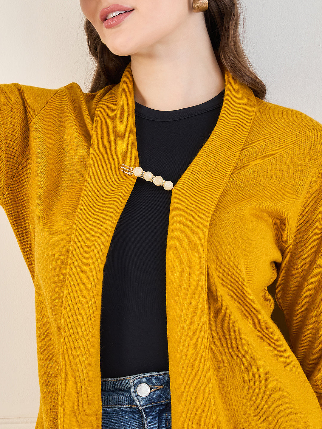 Women's Mustard Gold open neck long Sleeves, Knitted Winter Wear Shrug