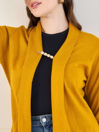 Women's Mustard Gold open neck long Sleeves, Knitted Winter Wear Shrug
