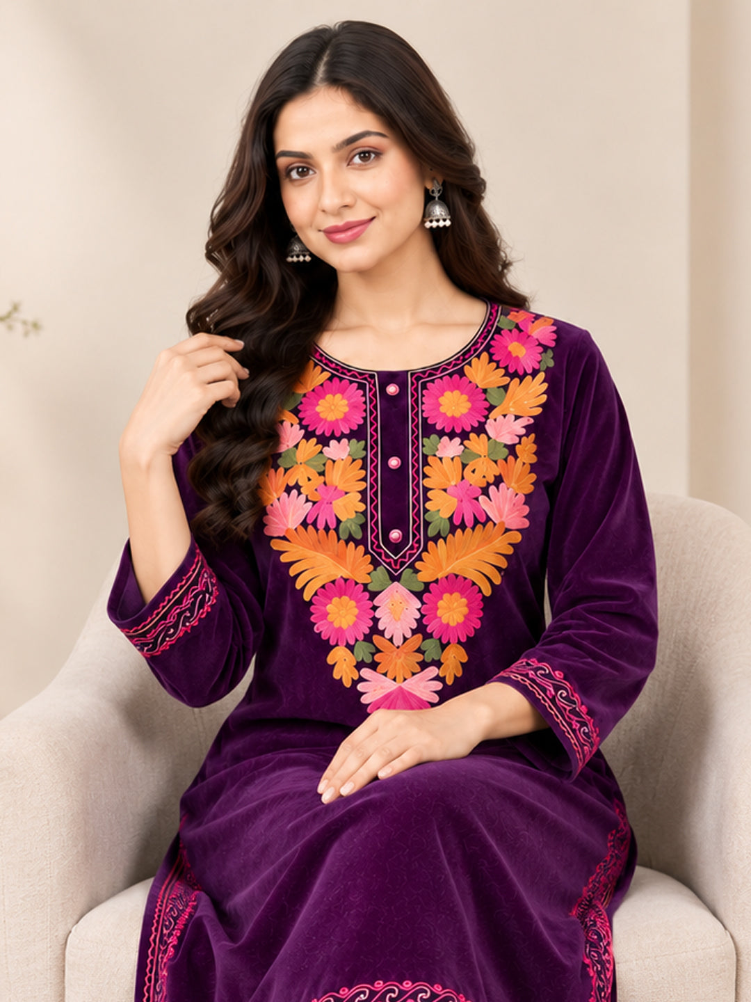 Clapton PURPLE Wolen Winter wear Embroidered Kashmiri Aari Work Kurta (PHERAN)