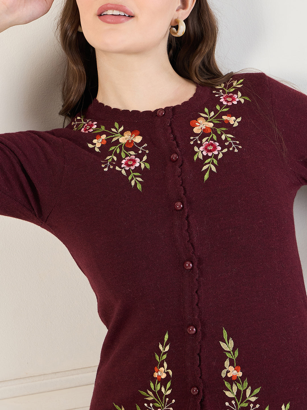 Embroidered Long Sleeves Pure Wool  Cardigan Sweater Maroon