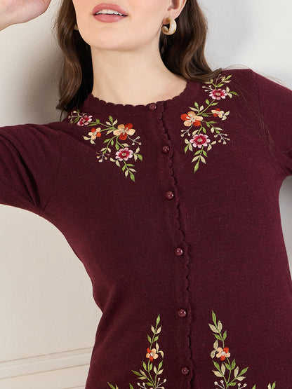 Embroidered Long Sleeves Pure Wool  Cardigan Sweater Maroon