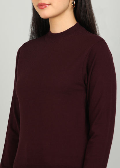 Women Solid Color Round Neck Viscose T-Shirt Wine