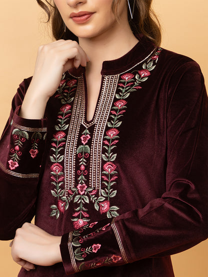 Velvet Embroidered Winter Wear Embroidered Straight Kurta Pant With Dupatta Set Maroon