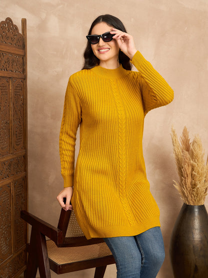 CLAPTON Women’s Wool Blend Ribbed Knit Tunic Sweater with Mock Neck & Full Sleeves Gold