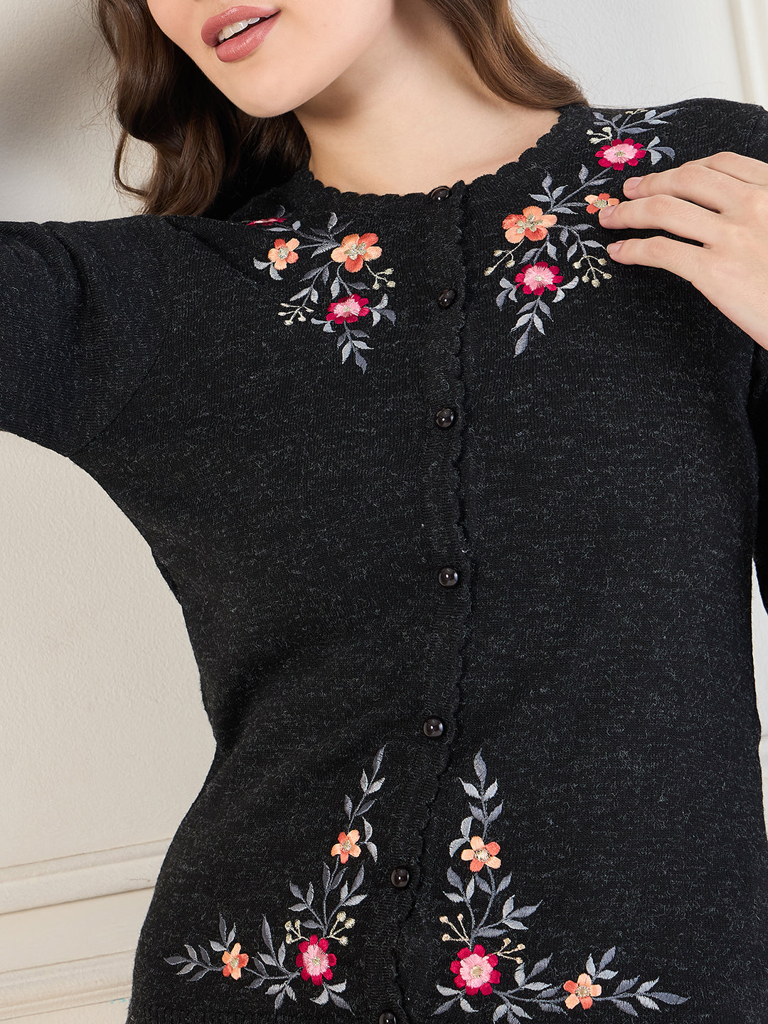 Embroidered Long Sleeves Pure Wool  Cardigan Sweater Black