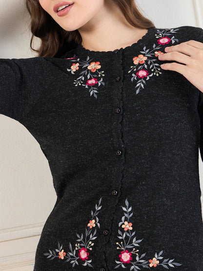 Embroidered Long Sleeves Pure Wool  Cardigan Sweater Black