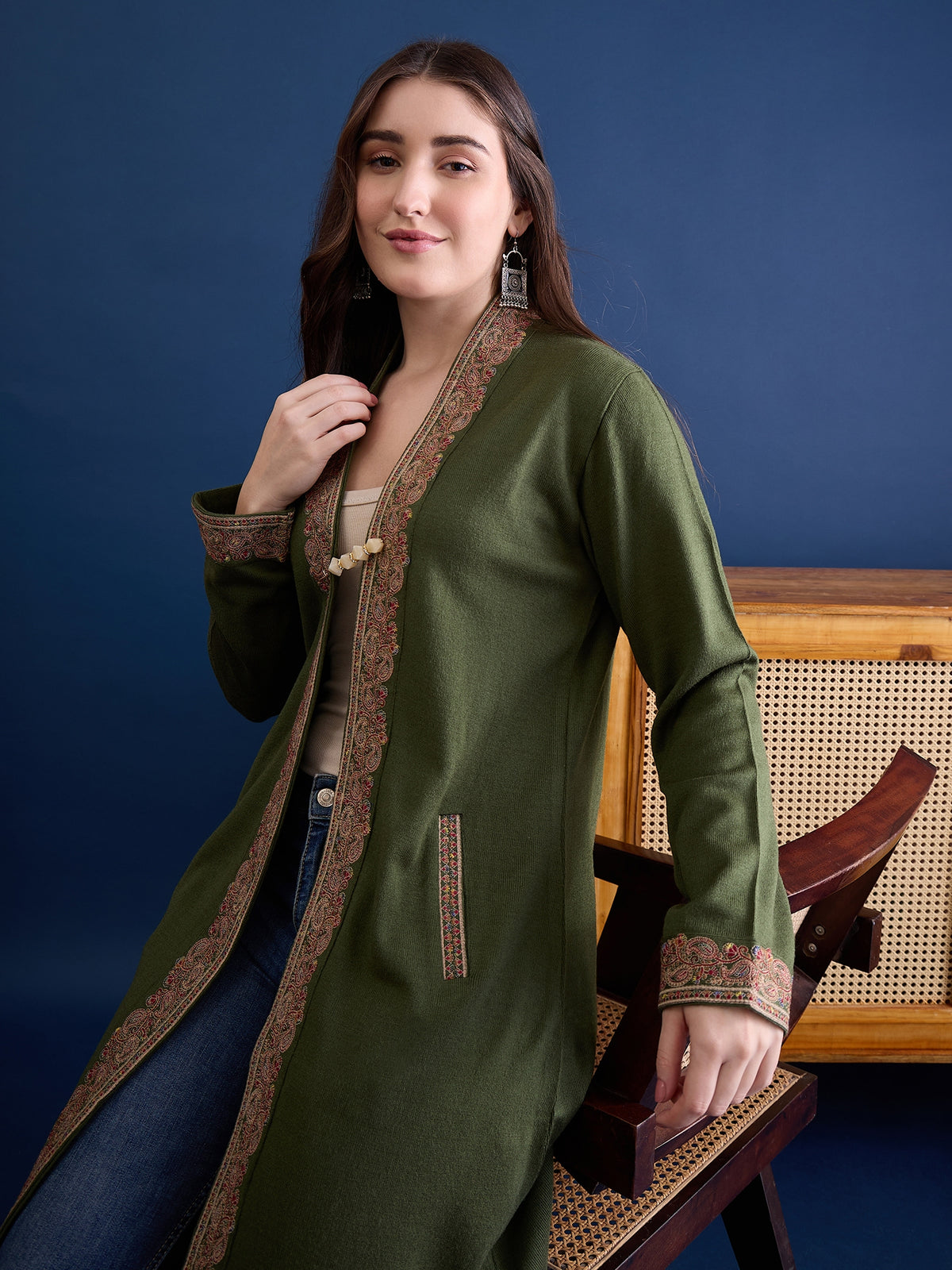 clapton MEHNDI Pure Wool Long Jacket from Kashmir with Paisley Aari Embroidery on Border (Copy)
