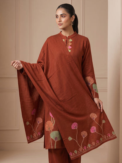 Woolen Embroidered  winter wear Kurti & Pant and Dupatta Set RUST