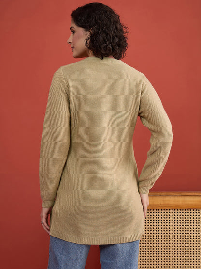 CLAPTON Women Floral Woolen Cardigan with Embroidered CAMEL