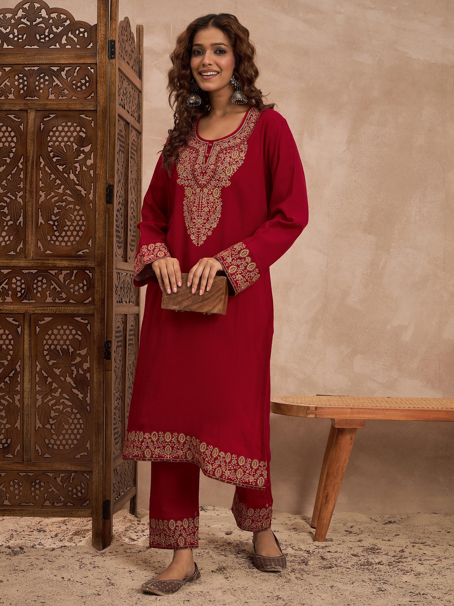 Woolen Embroidered 2-piece winter wear Kurti & Pant Set Red