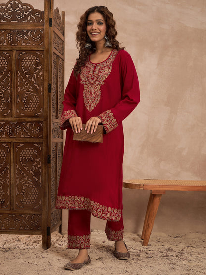 Woolen Embroidered 2-piece winter wear Kurti & Pant Set Red