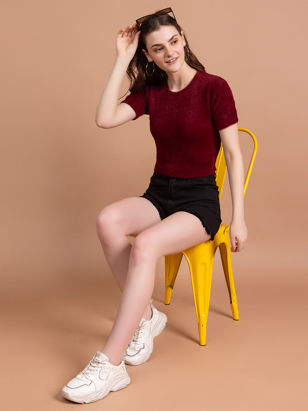 Clapton  Short-Sleeve Fuzzy Knit Crop Top Pullover Blouse Top for Women Girls Maroon