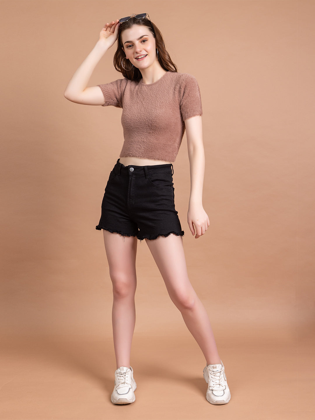 Clapton  Short-Sleeve Fuzzy Knit Crop Top Pullover Blouse Top for Women Girls Pink