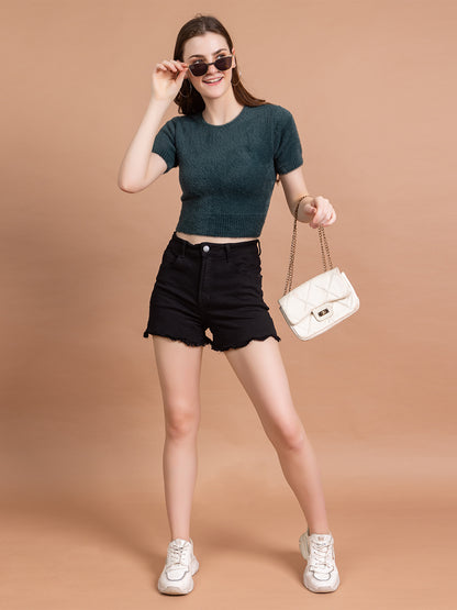 Clapton  Short-Sleeve Fuzzy Knit Crop Top Pullover Blouse Top for Women Girls Green