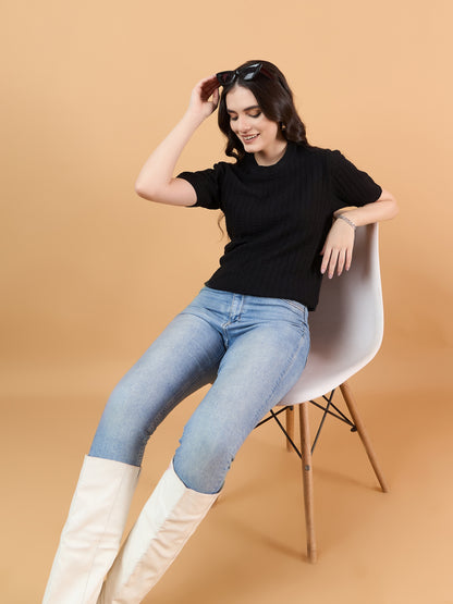 CLAPTON Women Knitted Round Neck T-shirt Combo Of 2 BLACK White